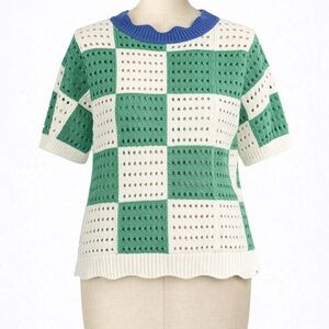 NEW Green and White Checkered Open Knit Sweater by Jodifl